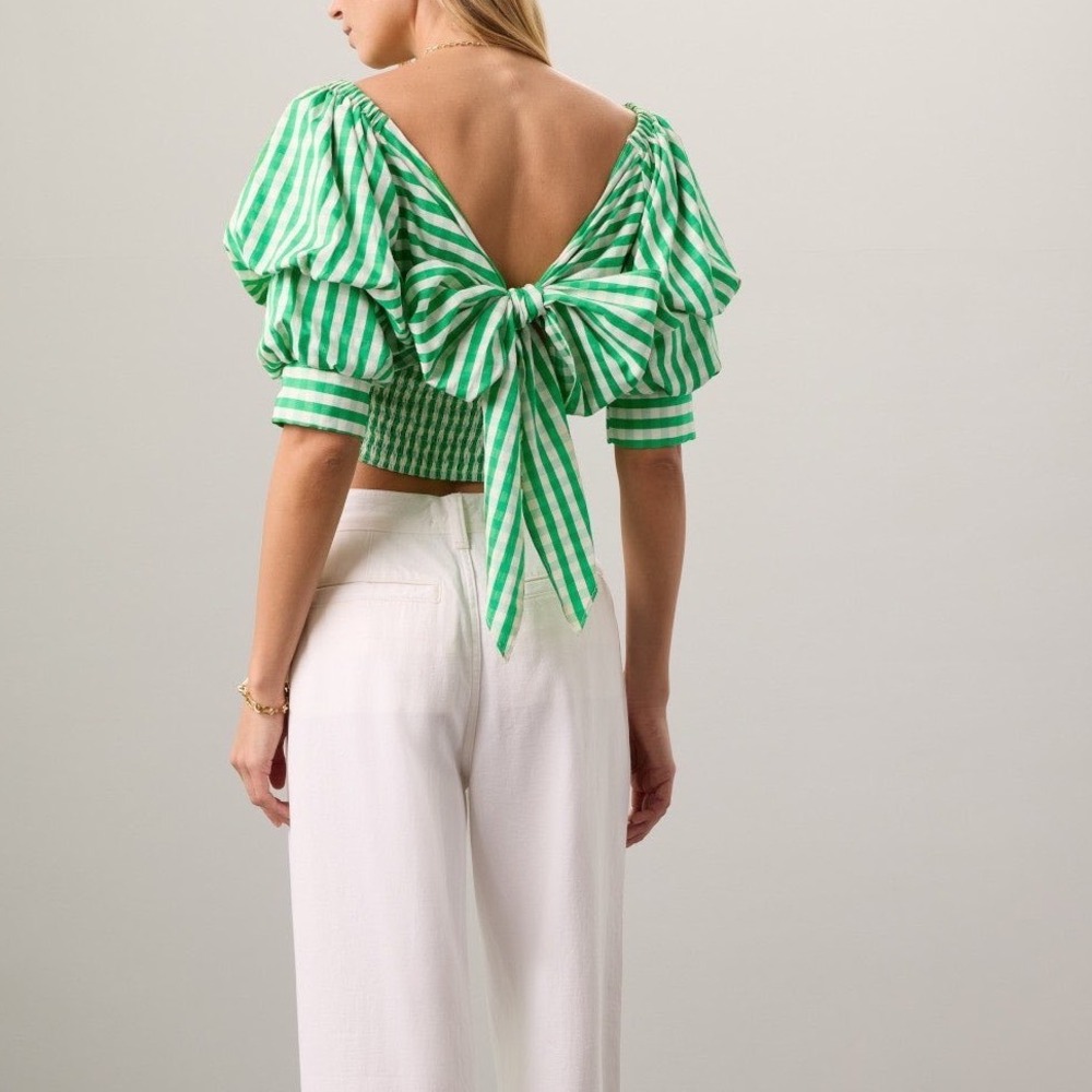 Louna Green White Gingham Puff Sleeve Crop Top Bow Back Cottagecore Small g5